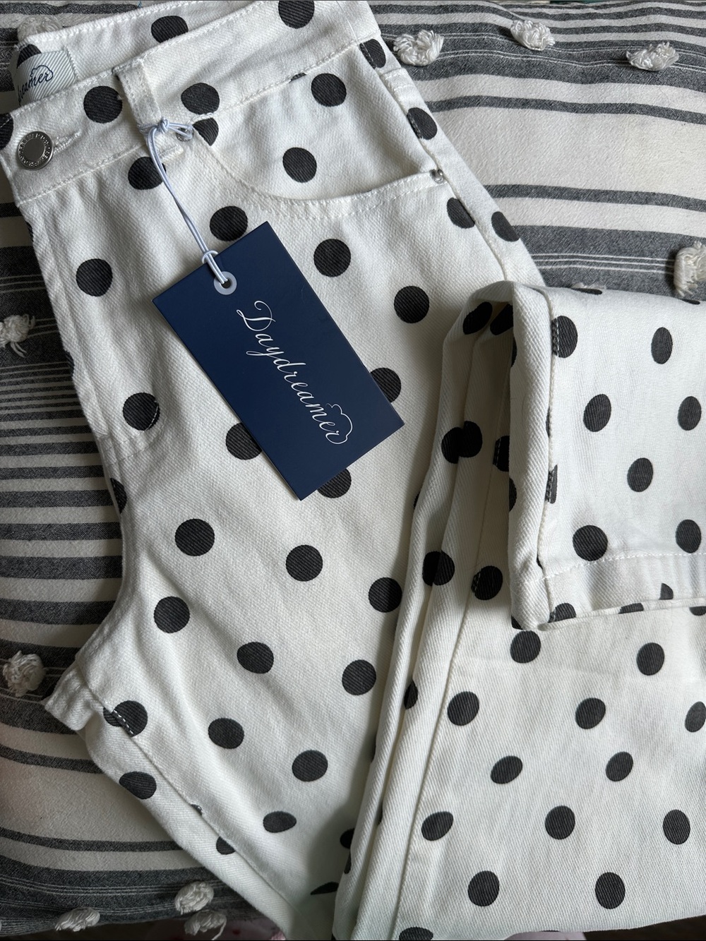 Daydreamer 100% Cotton White Jeans with Black Polka Dots